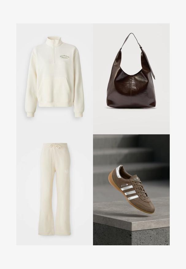 Weißer Fleece-Sweatshirt mit hohem Kragen, halbem Reißverschluss, Fronttasche und grüner, gestickter Aufschrift "New Balance Athletics." Sanfter Stoff.; Cremefarbene Jogginghose aus einem weichen Material, mit einem Kordelzugbund und ausgestellten Beinen. Subtiles Logo-Detail an der linken Hüfte.; Brauner Wildledersneaker mit weißen Streifen und silbernen Akzenten, mit strukturierter Oberseite, Schnürdesign und Sohle aus Kautschuk in Kaugummifarben.; Dunkelbraune glänzende Lederschultertasche mit einem breiten einzelnen Riemen und Schnallendetail auf einer Seite, vor einem schlichten hellen Hintergrund.