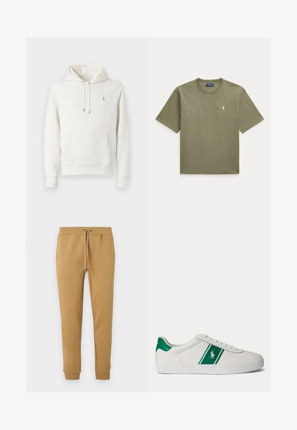 Biela bavlnená mikina s klokankou, nastaviteľnou kapucňou so šnúrkou, ribovanými manžetami a malým vyšitým logom na hrudi.; Olivovo zelené tričko Polo Ralph Lauren s krátkym rukávom, okrúhlym výstrihom a malým bielym vyšitým logom na ľavej strane hrudníka.; Béžové zúžené teplákové nohavice s elastickým pásom a sťahovacou šnúrkou, s manžetami na členkoch, zobrazené na bielom pozadí.; Biele nízke tenisky s zeleným pruhom a logom Polo na boku, zelený jazyk na päte a biele šnúrky, zobrazené z ľavej strany na jednoduchom pozadí.