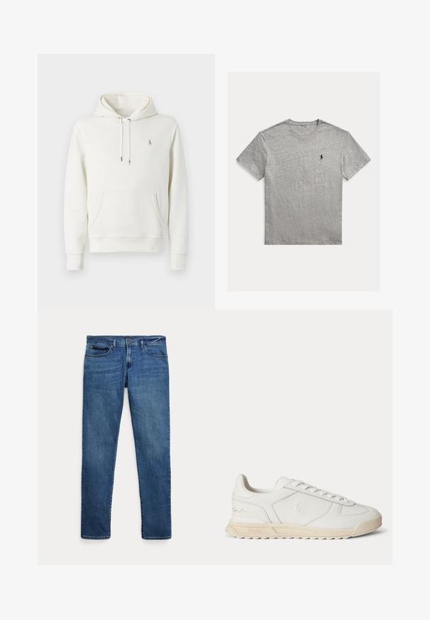 Witte katoenen hoodie met een kangoeroezak, verstelbare trekkoordcapuchon, geribbelde manchetten en een klein geborduurd logo op de borst.; Lichtgrijs T-shirt met korte mouwen en ronde hals met klein zwart Polo Ralph Lauren paardenlogo op de linkerborst.; Blauwe denim jeans met een slim fit, voorzien van voorkantzakken, riemlussen en een knoopsluiting op een witte achtergrond.; Witte lage leren sneaker met beige zool, veters aan de voorkant en een gestikt logo aan de zijkant en hiel.