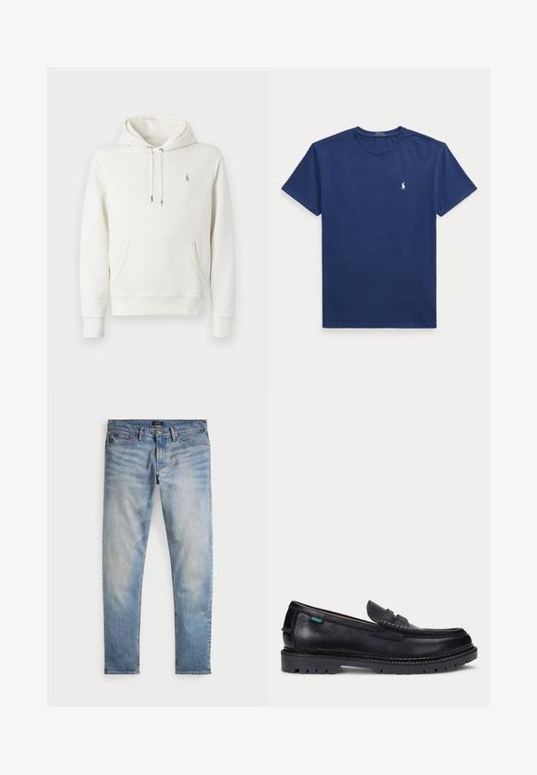 Sudadera blanca de algodón con un bolsillo tipo canguro, capucha ajustable con cordón, puños acanalados y un pequeño logo bordado en el pecho.; Camiseta azul marino de manga corta con cuello redondo y pequeño logo blanco de Polo Ralph Lauren en el pecho izquierdo.; Jeans de mezclilla azul claro con un acabado desteñido, diseño de cinco bolsillos y costuras en contraste. Incluyen un cierre de cremallera y trabillas para cinturón. Corte recto.; Mocasín de cuero negro con suela gruesa estriada y pequeña etiqueta verde "Polo" en el lado exterior cerca del talón.