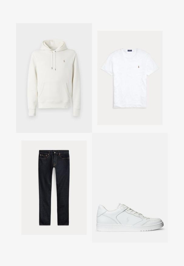 Hvid bomulds-hoodie med kengurulomme, justerbar snoretræk-hætte, ribbede manchetter og et lille broderet logo på brystet.; Hvid T-shirt med rund hals og korte ærmer med lille broderet Polo Ralph Lauren-logo på venstre bryst og blå mærkeetiket indvendigt i kraven.; Mørkeblå slim-fit jeans med fem lommer, knaplukning og kontrastsyning lagt fladt på en lys baggrund.; Hvide lædersneakers med en glat tekstur, der har en perforeret tå, snørebåndslukning og broderet logo på siden. Hvid gummisål.