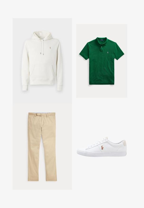 Weißer Baumwollhoodie mit Kängurutasche, verstellbarem Kordelzug, gerippten Bündchen und kleinem gesticktem Logo auf der Brust.; Grünes kurzärmeliges Poloshirt mit Zwei-Knopf-Leiste und kleinem lila gesticktem Logo auf der linken Brust.; Beige gerade Hose mit Gürtelschlaufen und einem vorderen Reißverschluss, flach auf weißem Hintergrund gelegt.; Weiße Leinensneaker im Low-Top-Design mit einem beigen Ferseneinsatz und einem kleinen gestickten Logo an der Seite. Gummisohle.