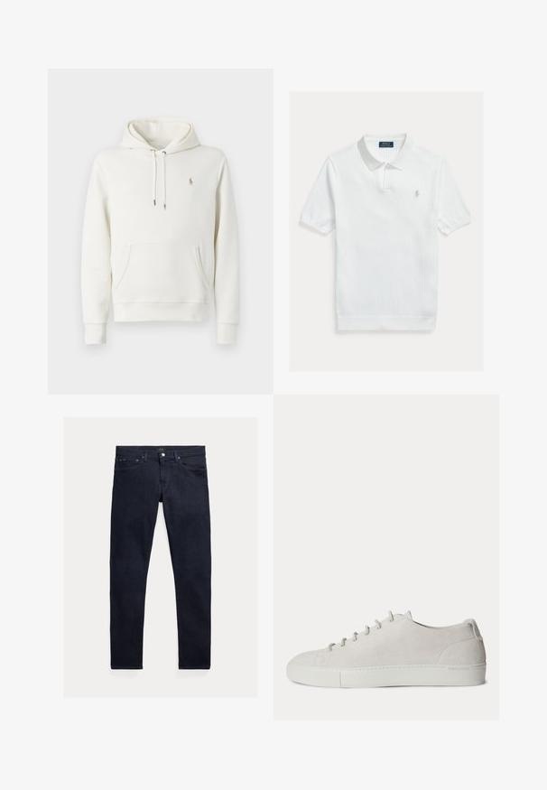 Valge puuvillane kapuutsiga dressipluus, ees kangaroo taskuga, reguleeritava nööriga kapuuts, soonikkoes mansetid ja väike tikitud logo rinnal.; Valge soonikkoega polo-särk, millel on klassikaline krae, lühikesed varrukad ja vasakul rinnal tikitud logo. Pehme tekstuur ja minimalistlik disain.; Tumesinised teksapüksid kitsas lõikega. Omavad viit taskut, lukuga sulgemist ja metallist nööbi kinnitust. Sile tekstuur minimaalse pleekimisega.; Valged madala servaga seemisnahast tossud esikäe paeltega ja kummipõhjaga, minimalistlik disain.