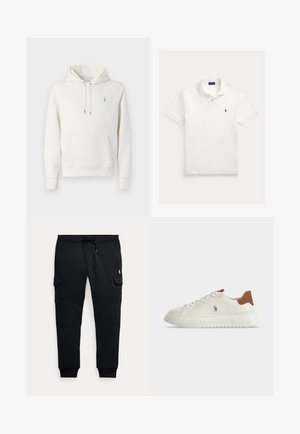 Witte katoenen hoodie met een kangoeroezak, verstelbare trekkoordcapuchon, geribbelde manchetten en een klein geborduurd logo op de borst.; Witte polo met korte mouwen, kraag en twee knopen, met een klein donkerblauw Ralph Lauren-logo op de linkerborst.; Zwarte cargo joggerbroek met trekkoord in de taille, zijzakken met klep, geribde boorden en een klein wit polo speler logo op het rechterdijbeen.; Witte lage sneaker met een bruine hieltab, veterluiting aan de voorkant, dikke zool en klein geborduurd paardenlogo aan de zijkant.