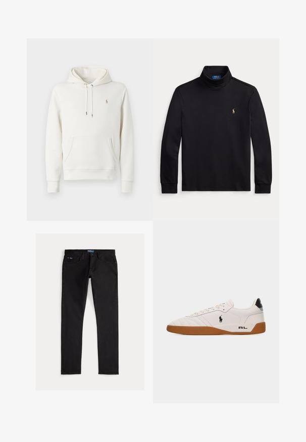 Hvid bomulds-hoodie med kengurulomme, justerbar snoretræk-hætte, ribbede manchetter og et lille broderet logo på brystet.; Sort langærmet rullekraveskjorte med lille broderet Polo Ralph Lauren-logo på venstre bryst.; Sorte denimjeans med slim pasform, der har fem lommer, bæltestropper og et blåt mærke på linningen. Glat, holdbart stof.; Hvid lav sneakers med brun gummisål, sort Polo Ralph Lauren-logo på siden og "RL" tekst på hælområdet.