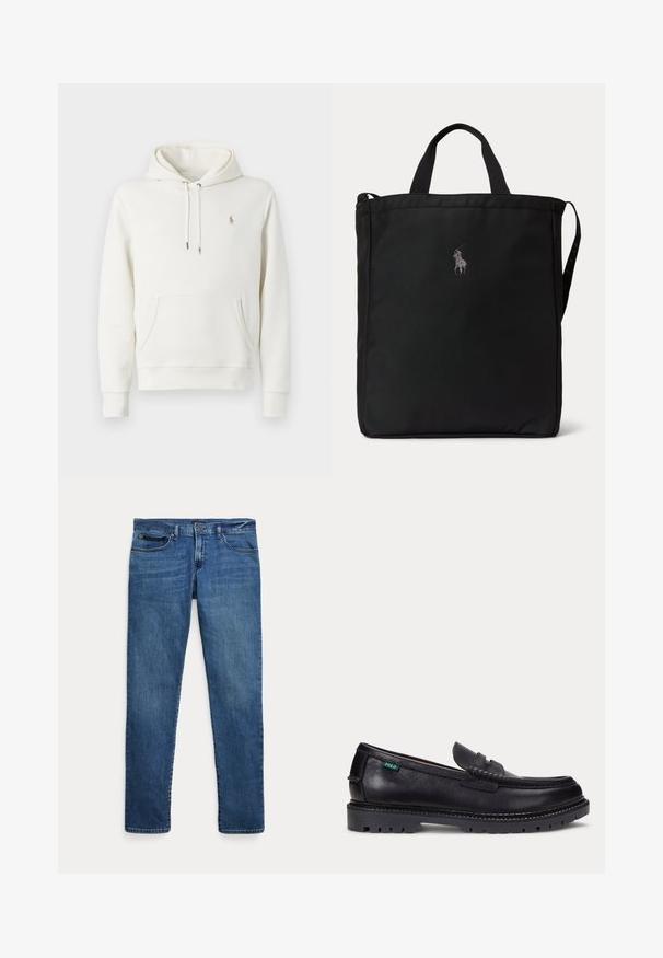 Sudadera blanca de algodón con un bolsillo tipo canguro, capucha ajustable con cordón, puños acanalados y un pequeño logo bordado en el pecho.; Jeans de mezclilla azul con un corte ajustado, que cuentan con bolsillos delanteros, trabillas para cinturón y un cierre de botón sobre un fondo blanco.; Mocasín de cuero negro con suela gruesa estriada y pequeña etiqueta verde "Polo" en el lado exterior cerca del talón.; Bolso tote rectangular negro con asas cortas, una correa larga en el lateral y un pequeño logotipo bordado de un jugador de polo en el centro frontal.