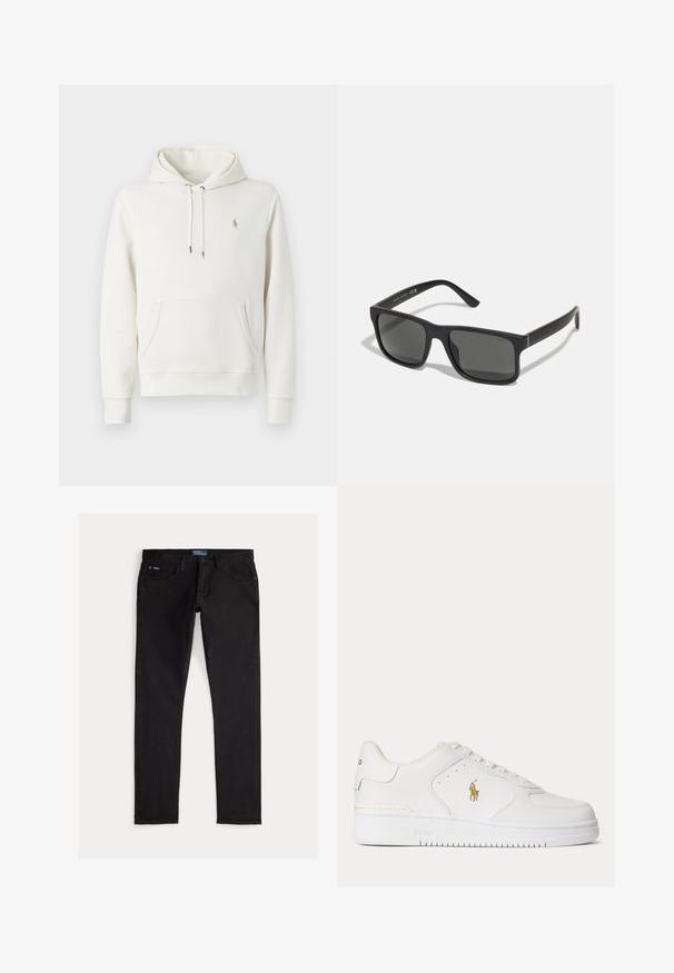 Weißer Baumwollhoodie mit Kängurutasche, verstellbarem Kordelzug, gerippten Bündchen und kleinem gesticktem Logo auf der Brust.; Schwarze Slim-Fit-Denimjeans mit fünf Taschen, Gürtelschlaufen und einem blauen Markentag am Bund. Glatter, strapazierfähiger Stoff.; Weißer Leder-Sneaker mit niedrigem Schnitt, weißen Schnürsenkeln und einem goldfarbenen Polo Ralph Lauren-Logo an der Seite sowie "Polo" auf der Sohle geprägt.; Schwarze rechteckige Sonnenbrille mit dunklen Gläsern und matter Oberfläche. Enthält das eingeprägte "POLO"-Logo an den Bügeln und ein robustes Rahmendesign.