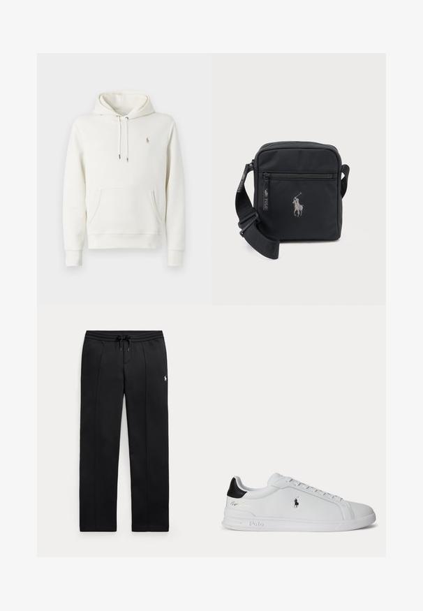 Weißer Baumwollhoodie mit Kängurutasche, verstellbarem Kordelzug, gerippten Bündchen und kleinem gesticktem Logo auf der Brust.; Schwarze Sweatpants mit geradem Bein, Kordelzug in der Taille und kleinem weißem Logo am linken Oberschenkel, flach auf hellem Hintergrund gezeigt.; Weißer Sneaker mit niedrigem Schaft, schwarzem Fersenlasche, Schnürsenkeln und Polo Ralph Lauren Logo an der Seite, mit geprägten Sohlen-Details.; Kleine schwarze Umhängetasche mit vorderer Reißverschlusstasche, verstellbarem Riemen und besticktem Logo eines Polospielers zu Pferd.