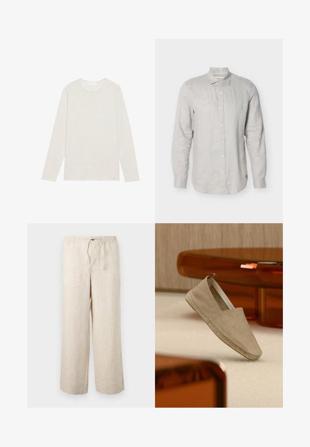 T-shirt crème à manches longues en tissu tricoté doux. Présente un col rond et une coupe décontractée sans motifs ni accents visibles.; Chemise à manches longues gris clair avec col, boutons simples aux poignets et un petit logo rouge près de l'ourlet inférieur sur fond blanc.; Pantalon large en lin beige avec taille élastique, bouton à l'avant et fermeture par cordon, présenté sur un fond clair uni.; Espadrille en toile beige avec semelle tressée et petite languette tricolore sur le talon, posée sur un tapis clair avec un mobilier teinté d'ambre en arrière-plan.