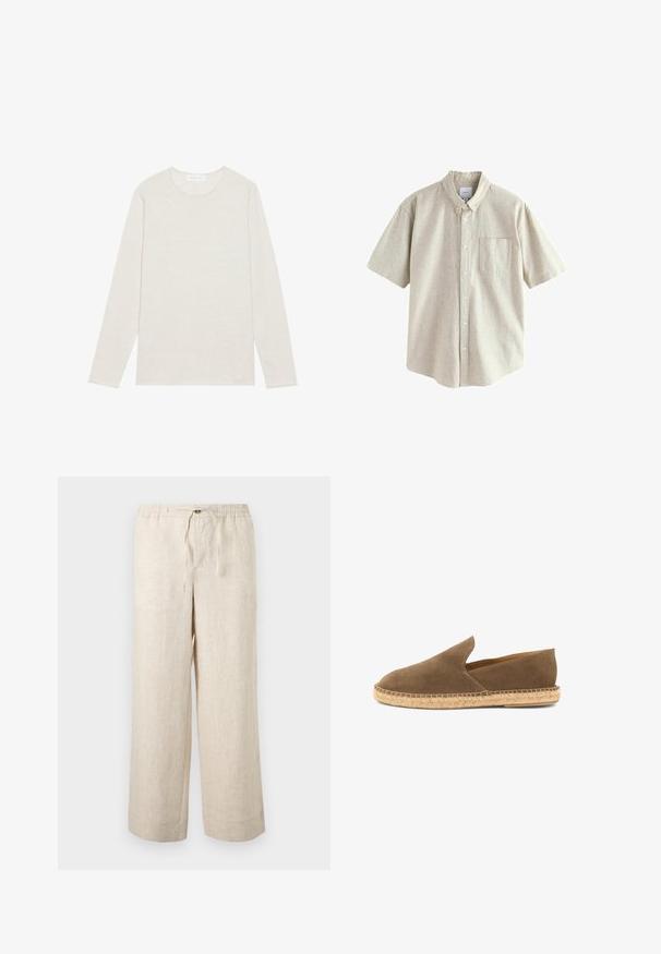 Creme langærmet t-shirt lavet af blødt strikket stof. Har en rund halsudskæring og en afslappet pasform uden synlige mønstre eller accenter.; Kortærmet skjorte i lysebeige stof med en krave med knapper, brystlomme og et tekstureret, vævet design.; Beige linnedragt med vidde ben, elastisk talje, forreste knap og snøre lukning, vist på en ensfarvet lys baggrund.; Brun ruskinds slip-on espadrille med flettet jutesål og lavtskårne sider, designet til afslappet brug.