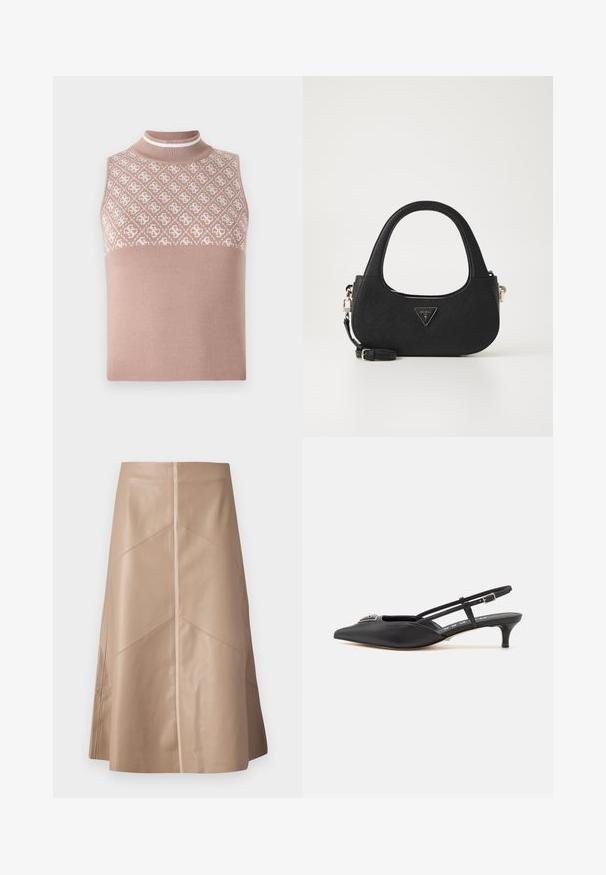 Top sin mangas de punto en beige claro con una sección superior texturizada y con patrón, y un cuello alto ajustado. Presenta una parte inferior lisa y sólida.; Falda A-line de cuero sintético beige con sutiles detalles en panel y un acabado mate suave, de largo hasta la rodilla y de cintura alta.; Zapatos slingback negros con punta afilada, hechos de material suave, con un pequeño tacón y un acento decorativo plateado en el empeine.; Bolso de tela negro con un asa curvada, que presenta un logotipo triangular y una correa desmontable. Superficie texturizada y diseño minimalista.