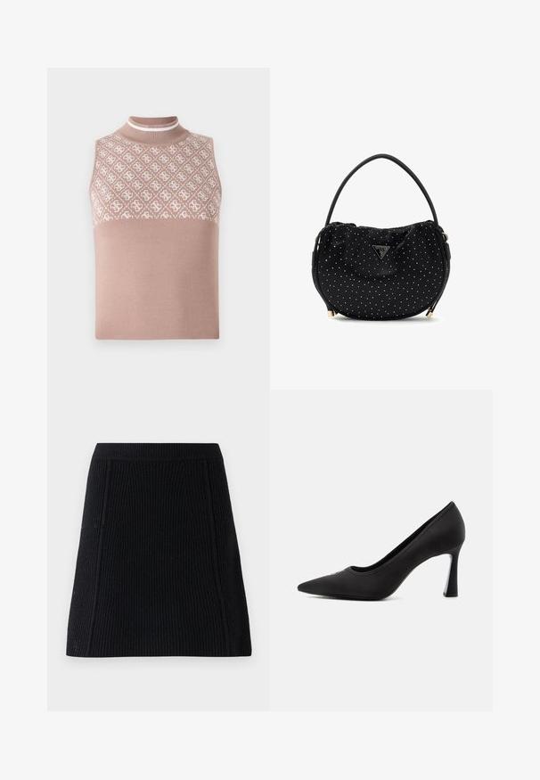Top en maille sans manches de couleur beige clair avec une section supérieure texturée et à motifs, et un col montant ajusté. Présente une partie inférieure lisse et unie.; Jupe noire en tricot avec une texture côtelée et une coupe évasée. Présente des coutures verticales pour la structure et une ceinture solide en haut.; Escarpin à talon haut noir à bout pointu avec une finition lisse et un talon fin et courbé sur un fond clair uni.; Sac à main en tissu noir à pois blancs avec un design incurvé. Il présente une finition brillante, une poignée supérieure et un logo triangulaire argenté.
