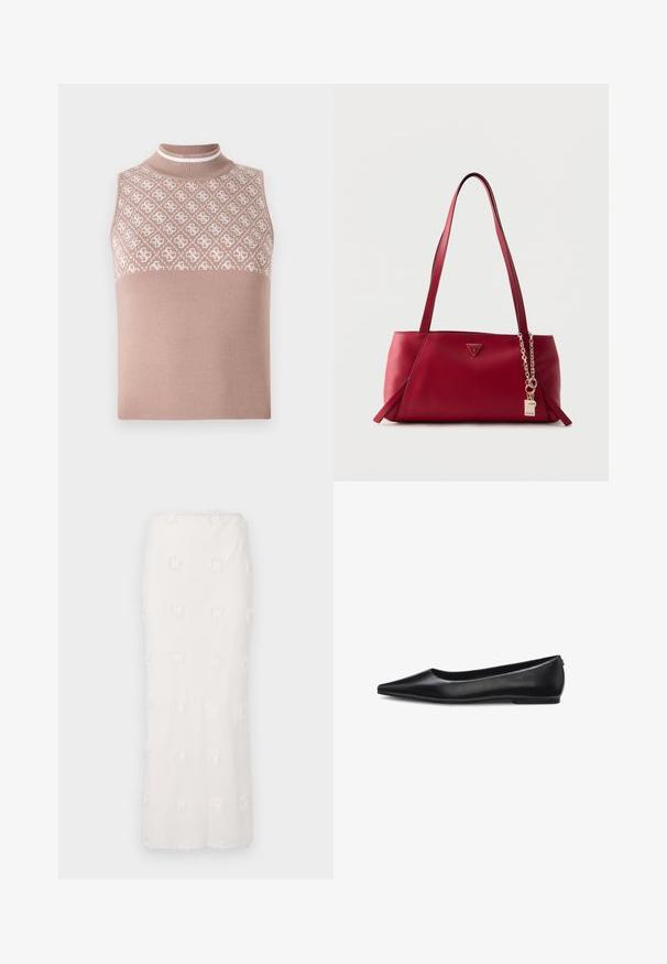 Top en maille sans manches de couleur beige clair avec une section supérieure texturée et à motifs, et un col montant ajusté. Présente une partie inférieure lisse et unie.; Jupe blanche mi-longue en tissu texturé, présentant un motif brodé avec des franges subtiles. Coupe droite et taille sans couture.; Chaussure plate en cuir noir à bout pointu, talon bas et finition lisse, vue de côté sur fond blanc.; Sac à bandoulière en cuir rouge avec double bandoulière, logo triangulaire Guess et chaîne dorée avec breloque cadenas sur un fond clair uni.
