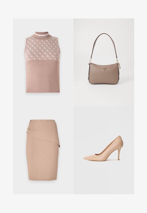 Top sin mangas de punto en beige claro con una sección superior texturizada y con patrón, y un cuello alto ajustado. Presenta una parte inferior lisa y sólida.; Falda lápiz beige de longitud a la rodilla, hecha de tela acanalada, con un diseño delantero drapeado y un detalle de cremallera lateral plateada. Textura suave.; Zapato de tacón alto de cuero beige con punta puntiaguda, textura suave y tacón de aguja delgado. Diseño minimalista con estilo sin cordones.; Bolso de mano sintético marrón con forma curva, que presenta un logo triangular dorado, acentos de hardware dorado y una correa para el hombro delgada.
