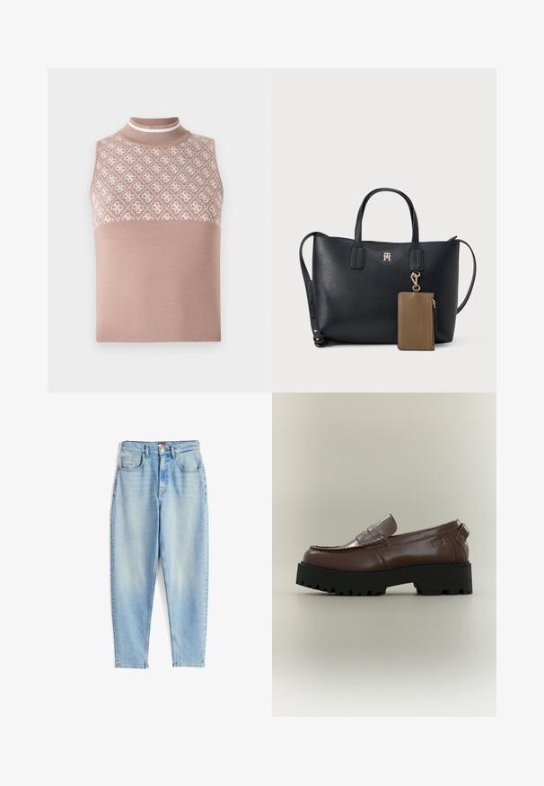 Varrenless knit top vaaleanbeigessä, jossa on teksturoitu, kuvioitu yläosa ja räätälöity korkeakaulus. Alhaalla on sileä, yhtenäinen osa.; Vaaleansiniset farkut, joissa on suora leikkaus, viisi taskua ja vetoketjusuljenta. Hieman haalistunut pinta, jossa on minimaalista ompelutyyliä.; Ruskea nahkainen loafer, jossa on paksu musta uritettu pohja ja ommellut yksityiskohdat neutraalin taustan päällä.; Musta nahkainen olkalaukku, jossa on kaksi lyhyttä kahvaa, kultainen logo edessä ja irrotettava ruskea korttikotelo, jossa on vetoketju. Sujuva pinta, minimalistinen muotoilu.