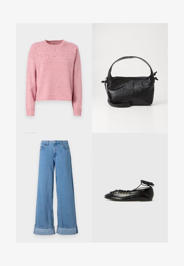 JDY JDYNAMI LIFE SPARKLE - Pullover - lilas; Jean en denim bleu clair à jambes larges avec une taille haute, des poignets roulés, un design à cinq poches et une fermeture à bouton avec un zip.; Ballerines en cuir verni noir avec un bout rond, un design à lacets et une semelle plate. Texture lisse avec peu de détails.; Sac à main en cuir noir au design structuré, avec une poignée arrondie et une bandoulière amovible. Présente une texture lisse et un éclat subtil.