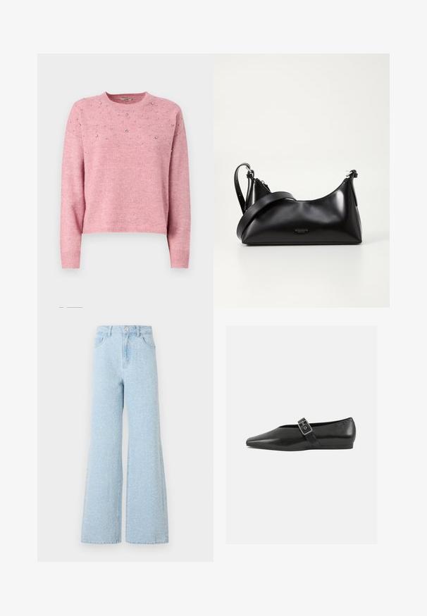 JDY JDYNAMI LIFE SPARKLE - Pullover - lilas; Jean en denim bleu clair à jambes larges avec une taille haute, dotés d'une fermeture à bouton, de cinq poches et d'une texture légèrement délavée.; Chaussure plate en cuir noir avec un orteil pointu, présentant une sangle à boucle métallique sur le cou-de-pied et une semelle basse et flexible.; Sac à main en cuir noir avec une texture lisse. Dispose d'une bandoulière adjustable et d'un design élégant et minimaliste avec une fermeture éclair.