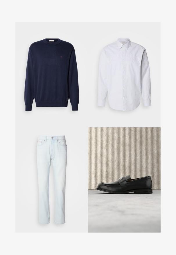 Donkerblauwe trui van zachte stof, met een ronde hals, geribbelde manchetten en zoom. Klein geborduurd logo op de borst. Klassieke pasvorm.; Witte lange mouwen shirt van linnen met verticale blauwe strepen, voorzien van een knoopsluiting aan de voorkant en een reliëf "CALVIN KLEIN" logo over de borst.; Lichtblauwe denim jeans met een rechte pijp. Voorzien van een knoopsluiting en riemlussen, met een vervaagde textuur en minimale stiksels.; Zwarte leren loafer met een metalen merktekenplaatje, rustend bij een bruine ronde tafel op een beige tapijtvloer.