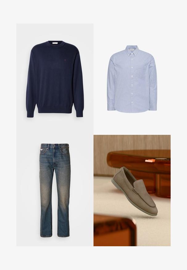 Donkerblauwe trui van zachte stof, met een ronde hals, geribbelde manchetten en zoom. Klein geborduurd logo op de borst. Klassieke pasvorm.; Lichtblauw overhemd met lange mouwen, witte verticale strepen, een button-down kraag, een voorzak en witte knopen in het midden.; Hoge taille blauwe spijkerbroek van denim, met een rechte pijpontwerp, vervaagde versleten plekken en traditionele vijf-pocket styling.; Beige suède instapschoen met zichtbare stiksels en lichte zool, geplaatst bovenop een crèmekleurig tapijt, met oranje doorschijnend meubilair op de achtergrond.
