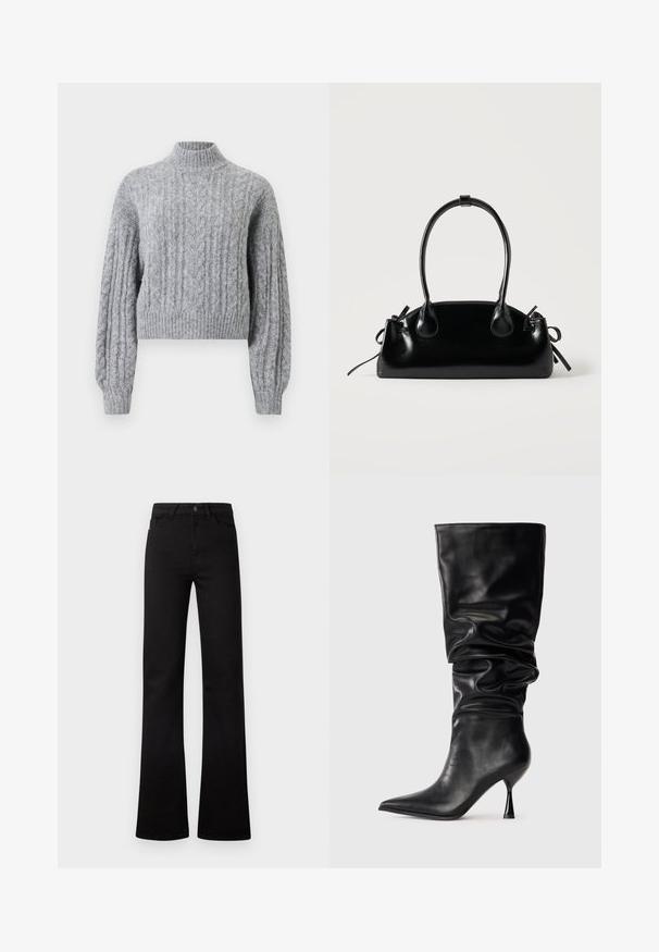 Pull en laine gris clair à mailles torsadées avec col montant, longues manches puffées, et bords côtelés au niveau des poignets et de l'ourlet.; Jeans noirs à taille haute, jambes droites, avec poches avant, passants pour ceinture, fermeture par bouton, et ourlets légèrement évasés sur fond blanc.; Botte noire en cuir, hauteur genou, avec un design ample, bout pointu et talon aiguille fin, présentant une texture lisse et des accents minimaux.; Petit sac à main noir brillant avec deux longues anses et des détails à cordon sur les côtés sur un fond clair uni.