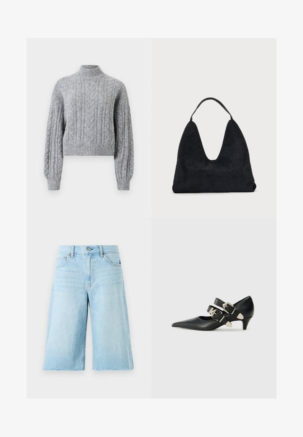 Suéter de lana gris claro de punto trenzado, con cuello alto, mangas largas abullonadas y puños y dobladillo acanalados.; Pantalones cortos de mezclilla azul claro con un ajuste holgado, dobladillo deshilachado, cinco bolsillos y herrajes metálicos. Diseño clásico de jeans con un ligero desvanecimiento.; Replay CECILE DOUBLE - Tacones - black; Bolso de hombro de cuero negro tejido con una base ancha y un solo asa en lazo sobre un fondo claro y uniforme.