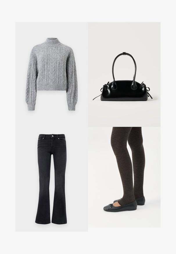 Suéter de lana gris claro de punto trenzado, con cuello alto, mangas largas abullonadas y puños y dobladillo acanalados.; Vaqueros bootcut de mezclilla negra con botón frontal, cremallera, trabillas para cinturón y diseño de cinco bolsillos.; Piernas con leggings oscuros acanalados combinados con bailarinas negras que presentan pequeños detalles de lazo sobre un fondo blanco.; Pequeño bolso negro brillante con dos asas largas y detalles de cordón lateral sobre un fondo claro liso.