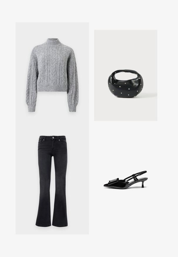 Svetlý šedý svetár z vlnenej priadze s vysokým golierom, dlhými vyp puff sleeves a rebrovanými manžetami a dolným okrajom.; Čierne denimové bootcut džínsy s predným gombíkom, zipsom, pútkami na opasok a dizajnom s piatimi vreckami.; Čierne lakované kožené slingback opätky s špicatou špičkou, mašľou na prednej strane a malým ihličkovým podpätkom. Popruhy majú nastaviteľné spony.; Čierna kožená kabelka s zaobleným tvarom, zdobená striebornými cvočkami a krátkym rúčkou. Hladká textúra a zapínanie na zips.