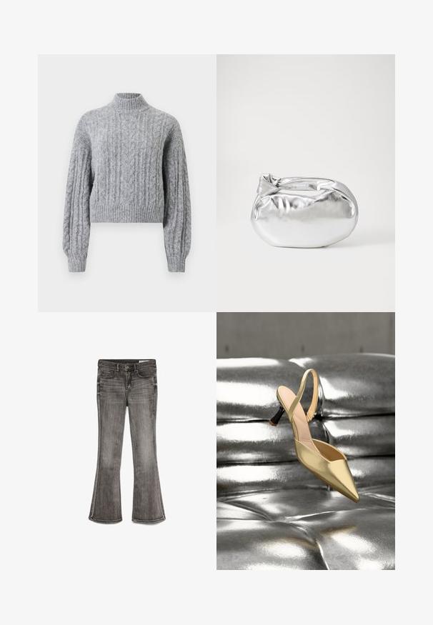 Suéter de lana gris claro de punto trenzado, con cuello alto, mangas largas abullonadas y puños y dobladillo acanalados.; Pantalones vaqueros acampanados en denim negro desgastado con un ligero brillo. Presenta cinco bolsillos y costuras en contraste a lo largo de los bordes.; Zapato de tacón alto con punta de oro y tira trasera, flotando sobre un sofá de cuero plateado metálico brillante con botones acolchados.; Bolsa de pouch metálica plateada con una forma suave y redondeada y un cierre en la parte superior con un nudo. Hecha de un material de imitación de cuero suave.
