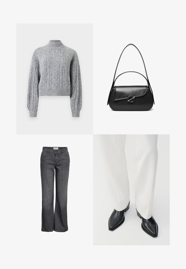 Pull en laine gris clair à mailles torsadées avec col montant, longues manches puffées, et bords côtelés au niveau des poignets et de l'ourlet.; Jean large en denim gris foncé. Caractéristiques : taille haute, design traditionnel à cinq poches et ourlet net sans embellissements.; Bottines noires à bout pointu en cuir lisse, avec des talons bas en bloc, associées à un pantalon large blanc. Design simple et moderne.; Sac à bandoulière en cuir noir avec un rabat incurvé fermé par un fermoir métallique rond et une sangle fine et ajustable.