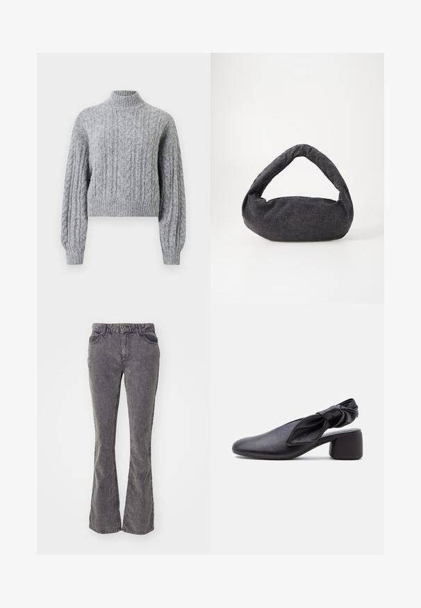 Pull en laine gris clair à mailles torsadées avec col montant, longues manches puffées, et bords côtelés au niveau des poignets et de l'ourlet.; Jeans grises à pattes d'éléphant en denim, présentant un design classique à cinq poches, des lignes décolorées et une fermeture à bouton et à zip à la taille.; Chaussure slingback en cuir noir avec bout arrondi, détail de bride nouée et petit talon carré sur fond blanc.; Sac en tissu gris foncé avec une anse courbée, texture douce et forme arrondie. Pas de matériel ou d'embellissements visibles.