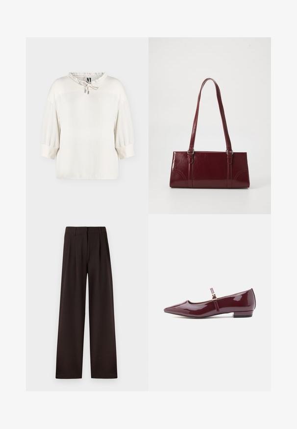 Blouse blanche à manches longues avec poignets élastiques et encolure froncée avec un cordon noué à embouts métalliques.; Pantalon marron foncé à jambes larges avec plis et passants pour ceinture, doté d'une fermeture éclair avant et d'un ourlet net sur un fond uni.; Ballerines vernies bordeaux avec un bout pointu, un talon plat et une bride avec un petit détail de boucle.; Sac à main bordeaux en matériau brillant, de forme rectangulaire, avec deux anses et des accents légèrement courbés à l'avant.
