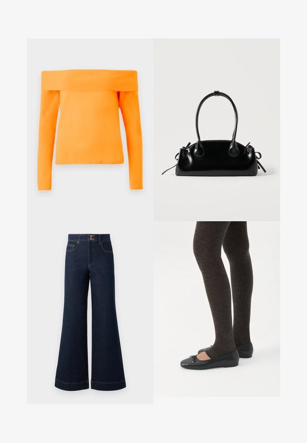Orange off-shoulder ribbet striktrøje med lange ærmer og bredt foldet halsudskæring.; Mørkeblå denim jeans med bred flare, høj talje, forlommer og kontrastfarvet guldtråd. Har dobbelt knaplukning.; Ben iført mørke ribbede leggings kombineret med sorte balletsko med små sløjfedetaljer på hvid baggrund.; Lille sort blank håndtaske med to lange håndtag og snøre-detaljer i siden på en ensfarvet lys baggrund.