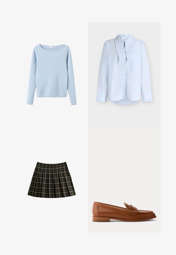 Suéter de punto de manga larga en azul claro, con un amplio escote redondo, estilo sencillo, y puños y dobladillo acanalados.; Camisa azul claro abotonada con cuello mandarín, un bolsillo en el pecho, mangas largas y dobladillo ligeramente redondeado. Textura de tela suave.; Falda corta de cuadros con un diseño de rayas verdes oscuras y rojas, con pliegues y una textura suave. Fabricada con una tela de acabado suave.; Mocasín de cuero marrón con tacón bajo de madera, correa clásica para moneda y detalles cosidos a lo largo de la puntera y los laterales.