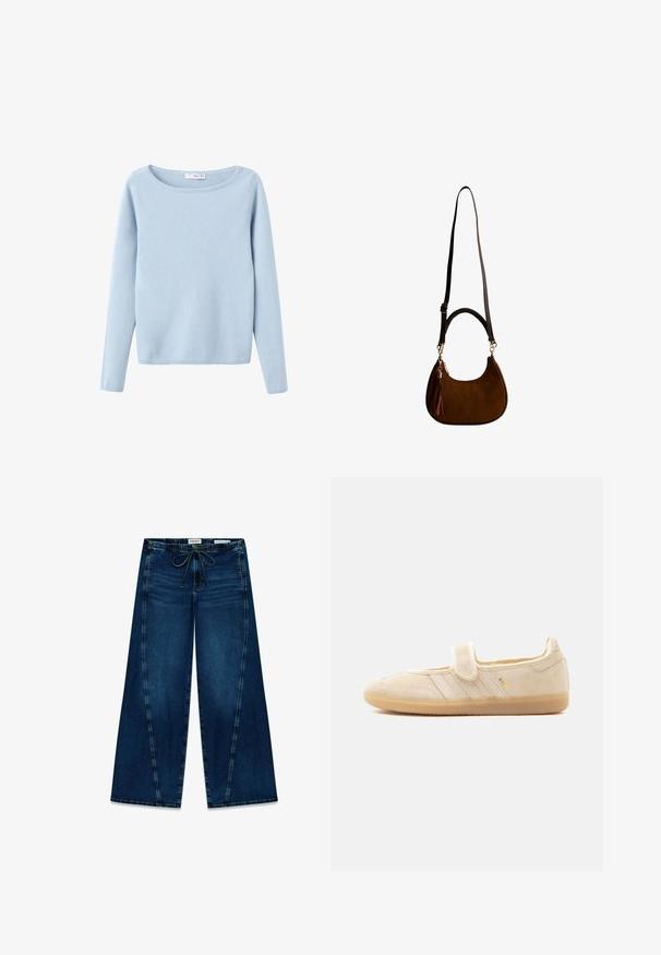 Lys blå langærmet strikket sweater med bred rund halsudskæring, enkelt design og ribbede manchetter og kant.; Mørkeblå vidde jeans med snoretræk i taljen, som har en glat overflade, kontrastsyninger og en afslappet pasform.; Beige ruskind Mary Jane sneaker med velcrolukning, gummisål, tre syede striber og gyldent "SAMBA" branding på siden.; Brun ruskindshåndtaske i halvmåneform med aftagelig lang rem, kort snoet håndtag og kvastvedhæng på siden.