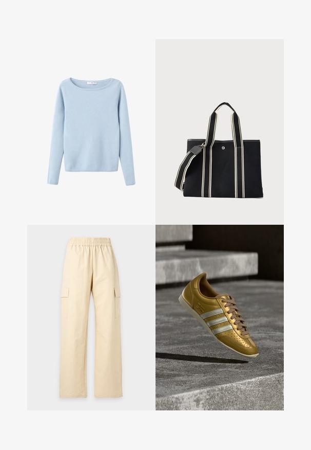 Suéter de punto de manga larga en azul claro, con un amplio escote redondo, estilo sencillo, y puños y dobladillo acanalados.; Pantalones beige de pierna ancha con cintura elástica y bolsillos laterales tipo cargo, mostrados sobre un fondo claro y liso.; Zapatilla deportiva de cuero dorado con tres franjas blancas, diseño con cordones, detalles perforados y suela de goma de color claro.; Bolso tote de lona negra con asas de doble raya crema y correa de hombro desmontable a juego sobre un fondo liso y claro.