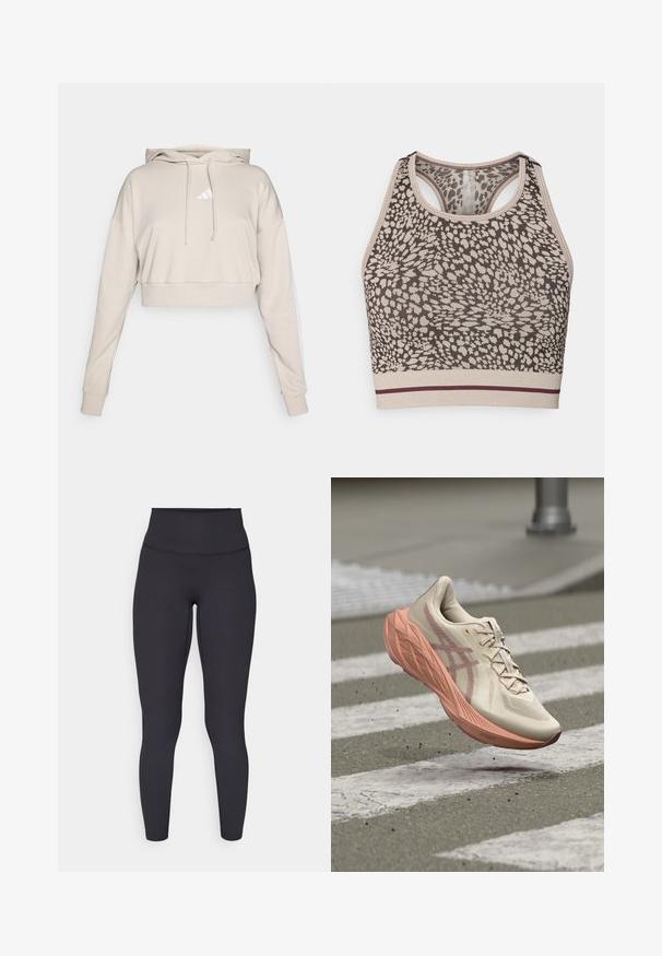 Lichtbeige cropped sweatshirt met een capuchon, voorzien van een wit driehoekig logo en witte zijstrepen. Gemaakt van zacht, textuurstof.; Sportbeha in een bruin en beige dierenprintpatroon, met een racerback ontwerp, geribbelde zoom en een bordeauxrode accentstreep.; Hoge taille zwarte leggings met een geribbelde textuur, een aansluitend ontwerp en naadloze stiksel, geschikt voor sportkleding of casual gebruik.; Hardloopschoen met beige bovenwerk en roze gevoerde zool die boven een zebrapad op een asfaltweg zweeft.