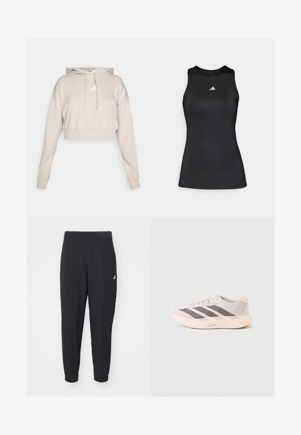 Lys beige cropped sweatshirt med hætte, med et hvidt trekantet logo og hvide side striber. Lavet af blødt, tekstureret stof.; Sort ærmeløs atletisk top lavet af glat stof. Har en rund halsudskæring og et lille hvidt Adidas-logo på brystet.; Sorte træningsbukser lavet af et glat stof. Taperet design med elastiske manchetter. Har et lille hvidt logo på venstre hofte.; Letvægts atletiksneakers i lyserød og grå, med en mesh-overdel, tre mørke striber og en tyk cremefarvet sål mærket "LIGHTSTRIKE PRO."