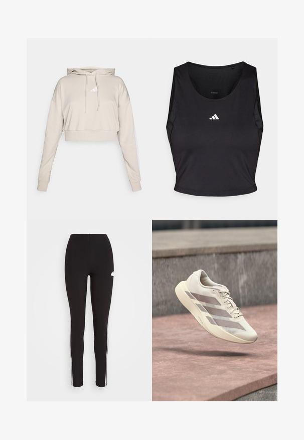 Lichtbeige cropped sweatshirt met een capuchon, voorzien van een wit driehoekig logo en witte zijstrepen. Gemaakt van zacht, textuurstof.; Zwarte sportcrop top gemaakt van vochtregulerende stof, met een ronde hals, mouwloos ontwerp en wit logo op de borst.; Zwarte leggings met een aansluitend ontwerp, voorzien van witte zijstrepen en een klein logo op de bovenste linkerdij. Gladde, rekbare stof.; Roomkleurige hardloopschoen met taupekleurige strepen, zwevend boven een roodbruine betegelde ondergrond en een grijze stenen achtergrond.