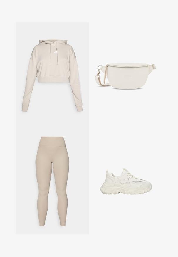 Lichtbeige cropped sweatshirt met een capuchon, voorzien van een wit driehoekig logo en witte zijstrepen. Gemaakt van zacht, textuurstof.; Beige hoge taille legging met een geribbelde textuur, voorzien van een soepele tailleband en aansluitende benen, ontworpen voor comfort en flexibiliteit.; Robuuste witte sneakers met een textuur bovenkant met mesh details, dikke rubberen zool, ronde neus en decoratieve accenten aan de zijkanten.; Witte leren crossbodytas met een ronde vorm, bovenste ritsafsluiting en verstelbare schouderriem. Subtiele merkembleem geperst op de voorkant.