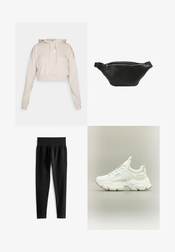 Lys beige cropped sweatshirt med hætte, med et hvidt trekantet logo og hvide side striber. Lavet af blødt, tekstureret stof.; Sorte ribbede leggings med en bred elastisk talje, der har en tætsiddende silhuet og en glat tekstur. Ingen synlig hardware eller mønstre.; Hvid chunky sneaker med tyk struktureret sål, mesh- og læderoverdel, snørelukning og trækstropper på tunge og hæl.; Sorte læderbæltetaske med en glat tekstur, buet form og sølvfarvet lynlåslukning. Har en enkelt justerbar rem.
