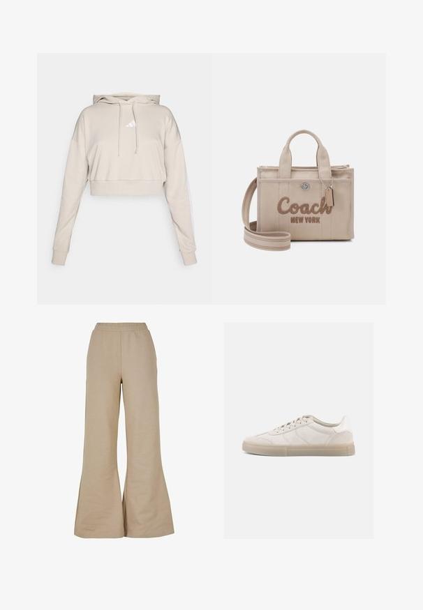 Lys beige cropped sweatshirt med hætte, med et hvidt trekantet logo og hvide side striber. Lavet af blødt, tekstureret stof.; Beige vidde bukser lavet af blødt stof, med elastisk talje og en glat overflade samt flaired benkanter for en afslappet pasform.; Beige ruskindssneakers med lav profil, der har en struktureret overdel, tonale sømme og en lys gummisål. Snørebånd fuldender designet.; Beige canvas håndtaske med broderet "Coach New York" logo, to topstænger, aftagelig rem og sølv hardware detaljer.