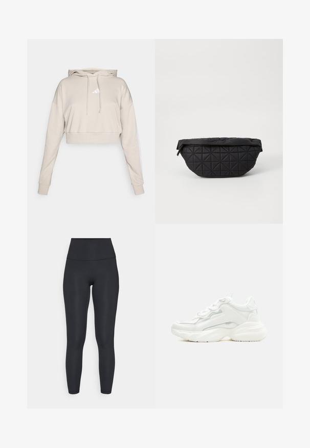 Lys beige cropped sweatshirt med hætte, med et hvidt trekantet logo og hvide side striber. Lavet af blødt, tekstureret stof.; adidas Performance ALL ME SCULPT - Tights - black; Hvid chunky sneaker med tyk sål, snørelukning foran og glat syntetisk overdel med subtile syningsdetaljer.; Sort quiltet taske med en blød, polstret tekstur og et vinkelret diamantmønster, med en buet silhuet og lynlåslukning.