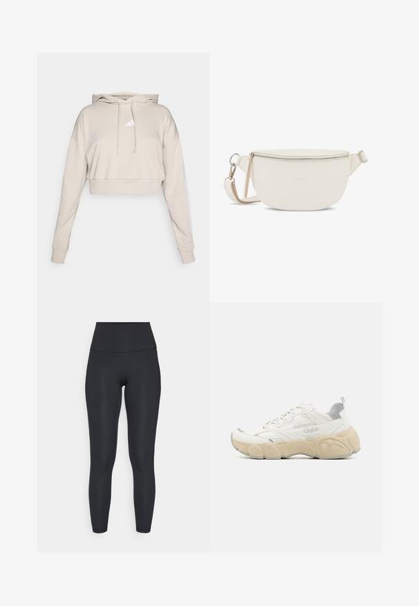 Lichtbeige cropped sweatshirt met een capuchon, voorzien van een wit driehoekig logo en witte zijstrepen. Gemaakt van zacht, textuurstof.; adidas Performance ALL ME SCULPT - Tights - black; Witte sneaker met een bovenwerk van mesh en glad leer, met een gevoerde kraag, een gemêleerde rubberen zool en subtiele metallic accenten.; Witte leren crossbodytas met een ronde vorm, bovenste ritsafsluiting en verstelbare schouderriem. Subtiele merkembleem geperst op de voorkant.
