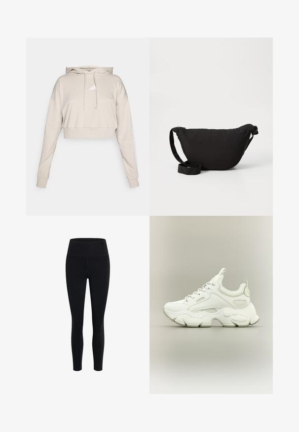 Kreemikas hallikas lühike dressipluus kapuutsiga, millel on valge kolmnurkne logo ja valged küljestriibid. Valmistatud pehmest, tekstuursetest kangast.; Girlfriend Collective FLOAT HIGH RISE LEGGING 7/8 - Retuusid - black; Valged jämedad tossud paksu tekstuurse tallaga, võrgust ja nahast pealsega, paelusega kinnituse ja keelel ning kandjal paelakinnitustega.; Mustast kott, mis on valmistatud pehmest kangast, millel on kaarjas kuju, tõmblukk ja lai reguleeritav rihm. Sile tekstuur, ilma mustriteta.