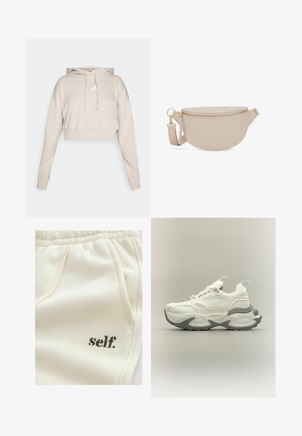 Lichtbeige cropped sweatshirt met een capuchon, voorzien van een wit driehoekig logo en witte zijstrepen. Gemaakt van zacht, textuurstof.; Crèmekleurige katoenen joggingbroek met een zachte textuur, elastische tailleband, zijzakken en "self." geborduurd in het bruin.; Witte en grijze chunky sneaker met een gestructureerde zool, treklussen op de tong en hiel, en een gedetailleerd paneelontwerp op het bovenwerk.; Ronde beige crossbodytas van synthetisch leer met gouden ritssluiting, verstelbare band en geperst logo. Gladde textuur met een minimalistisch ontwerp.