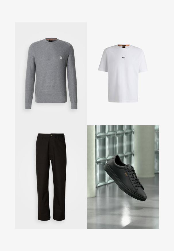 Grå, strikket sweater med lange ærmer, ribbede manchetter og rund halsudskæring. Har et lille kvadratisk logo på brystet.; Hvid bomuld T-shirt med korte ærmer, med et sort "BOSS" logo centreret på brystet og en rund halsudskæring.; Sorte bomuldsbukser med lige pasform, bæltestropper, lynlås foran og en enkelt knappelukning. Glat tekstur uden synlige mønstre.; Sort lavtopet lædersneaker med sorte snørebånd og gyldent BOSS-logo på siden, svævende over en blank grå gulv i et moderne indendørs rum.
