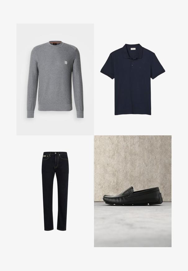 Grå, strikket sweater med lange ærmer, ribbede manchetter og rund halsudskæring. Har et lille kvadratisk logo på brystet.; Marineblå kortærmet poloshirt med krave og tre knapper, med subtilt "cK" logo på venstre bryst.; Mørkeblå denim jeans med lige pasform, synlig syning i en kontrastfarve af orange og et klassisk fem-lomme design.; Sort læderloafer, der svæver over beige tæppegulv ved siden af et rundt, ravfarvet glasbord.