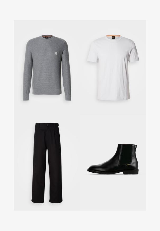 Grå, strikket sweater med lange ærmer, ribbede manchetter og rund halsudskæring. Har et lille kvadratisk logo på brystet.; Hvid kortærmet t-shirt lavet af blødt bomuld, med rund halsudskæring og subtil logo-detalje i matchende hvid på fronten.; Sorte bukser lavet af glat stof, med lige ben, frontfolder og en enkelt knaplukning i taljen.; Sort læder ankelstøvle med elastisk sidelæpanel, lav hæl, trækflig bagpå og lille gyldent "HUGO" logo på ydersiden.