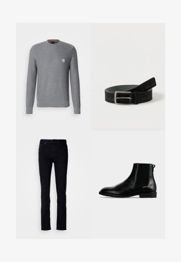 Grauer, gestrickter Pullover mit langen Ärmeln, gerippten Bündchen und Rundhalsausschnitt. Verfügt über ein kleines quadratisches Logo auf der Brust.; Schwarze Denim-Jeans mit Slim-Fit, Fünf-Taschen-Design, sichtbaren Nähten und Knopfleiste. Glatte Textur ohne zusätzliche Muster.; Schwarzer Lederknöchel-Stiefel mit elastischem Seiteneinsatz, niedrigem Absatz, Zuglasche hinten und kleinem goldenem "HUGO" Logo an der Außenseite.; Schwarzer Ledergürtel mit silberner rechteckiger Schnalle, geprägt mit wiederholtem "BOSS"-Logo, auf weißem Hintergrund aufgewickelt.