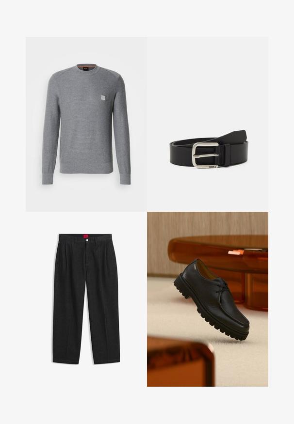 Grå, strikket sweater med lange ærmer, ribbede manchetter og rund halsudskæring. Har et lille kvadratisk logo på brystet.; Sorte bukser med høj talje med forreste læg, bæltestropper, knap og lynlås lukning samt en rød label indeni linningen.; Sort tekstureret lædersko med snørebånd og tyk rillet sål, mærket "HUGO" nær hælen, vist mod et beige tæppe og ravfarvet møbel.; Sort læderbælte med en poleret sølvspænde, der har brandnavnet præget. Glat tekstur og klassisk design med en lige ende.